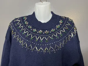 Talbots Sweater Womens Large Blue Mock Neck Beaded Jewel Yoke Knit Pullover thumbnail 2