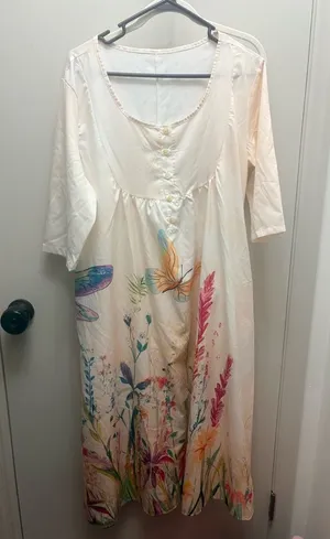 Women’s Cream Floral nightgown with Colorful Botanical Print 3/4 sleeves thumbnail 1