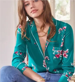 Sézane Elisa Pajama Top Silk Green Floral Button Down Size 36 Small thumbnail 1