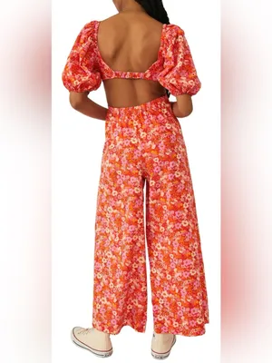 NEW FREE PEOPLE Amy Floral Cotton cutout Orange Jumpsuit sz M thumbnail 2