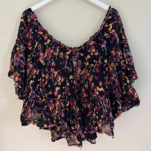 Free People Floral Gauze Cotton‎ Boho Peasant Top Oversized Ruffle Raw Sz Medium thumbnail 5