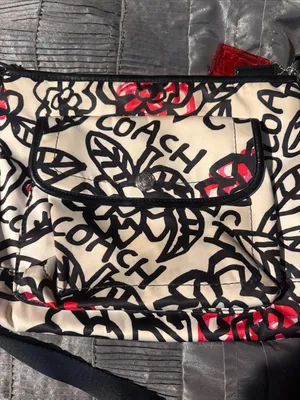 Coach Cream Crossbody Bag with Black Floral Script and Red Accents thumbnail 5