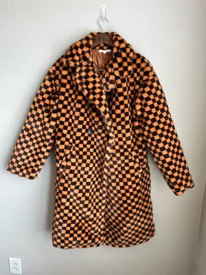 Hot and Delicious Fuzzy Feelings Checkered Faux Fur Teddy Trench Coat Size Med thumbnail 2