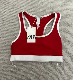 ZARA Sports Bra Red White Trim Tank Crop Top Activewear Nylon thumbnail 1