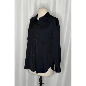 ANTHROPOLOGIE Black Satin Button Down Shirt Blouse Top Pockets Solid Small thumbnail 5