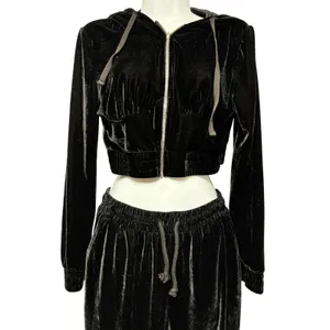 Black Velvet Tracksuit Set Size Medium‎ Crop Zip Hoodie Joggers Y2K Streetwear thumbnail 3