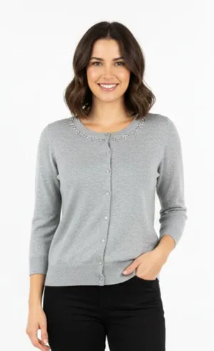 Ann Taylor Gray Rhinestone Collar Trim Button Down 3/4 Sleeve Cardigan Sweater S thumbnail 1