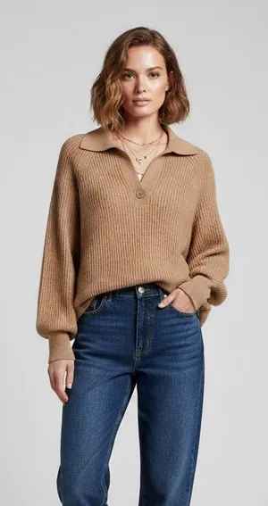 Listicle Tan Oversized Polo Sweater - Boho Ribbed Knit - Large Neutral Beige thumbnail 1
