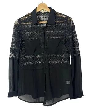 Ya Los Angeles Black Lace Chiffon Long Sleeve Button‎ Down M thumbnail 1