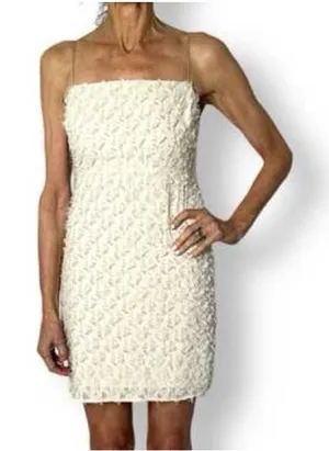 ASTR The Label Feathered Flocked Detail Cocktail Dress. Like new. Off white. No stretch. Zipper back. Spaghetti straps. Lined. 15” bust 32” long thumbnail 1