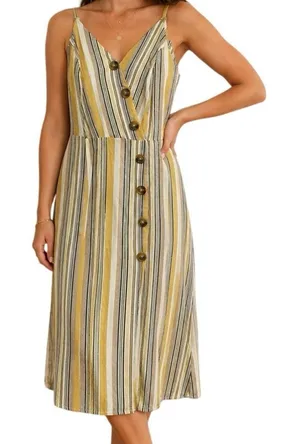 Naïf Linen Blend Stripe‎ Midi Dress Women's Spaghetti Strap Button Front Small thumbnail 1