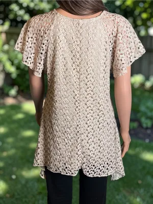 DressBarn Crochet Lace Tunic Top Large Beige Boho Swing Handkerchief Hem thumbnail 4