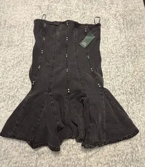 Wild Fable Black Denim‎ Corset Dress Studded Mermaid Flare Mini Size M NWT thumbnail 1