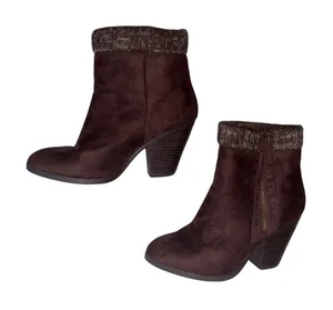 Shoedazzle Dark Brown Faux Suede Ankle Booties with Knit Cuff thumbnail 1