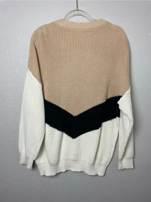Neutral Colorblock Chevron Crewneck Sweater - Beige, Black & White Size L thumbnail 5