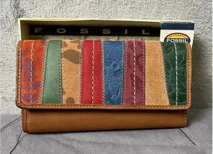 Vintage Fossil Patchwork Genuine Leather Trifold Wallet‎ Floral Tooled Boho New thumbnail 1
