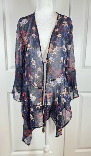 Coachella Festival Sheer Floral Kimono Boho Bell Sleeve Navy M Tassel Resort thumbnail 1