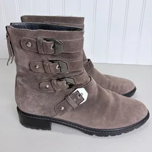Stuart Weitzman Taupe Suede Multi Buckle Moto Ankle Boots U274026 Womens 6.5 M‎ thumbnail 1
