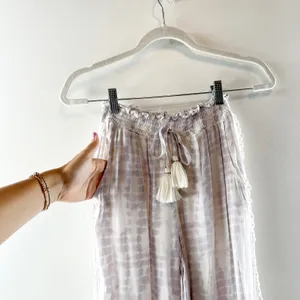 Surf Gypsy Tie Dye Smocked Drawstring Crochet Hem Wide Leg Pants White Purple thumbnail 4