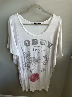 Obey White Short Sleeve Scoop Neck Graphic T-Shirt Dress with Red Rose thumbnail 1