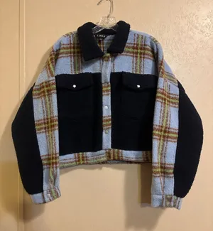 J.Nna women’s Plaid Mixed Media Cropped Jacket sz L thumbnail 1