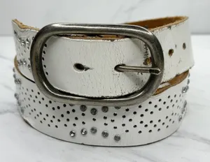 White Rhinestone Genuine Leather Belt Womens Size Large (L) ✨ thumbnail 1