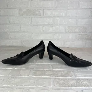 ECCO Loafer Pumps Women 7.5 38 Black Leather Pointed Toe Block Heel Strap Office thumbnail 9