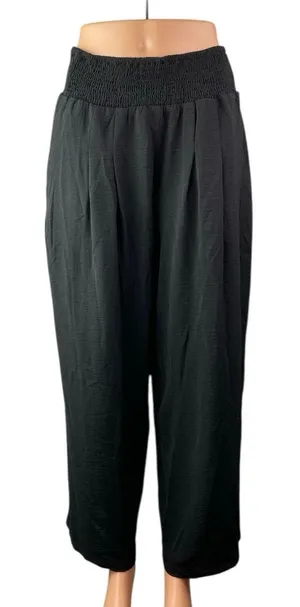 Women's Black Smocked Elastic High Waist Pleated Tapered Leg Trousers Pants Sz L thumbnail 1