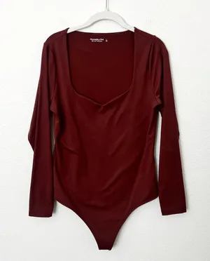 [Abercrombie & Fitch] Brown Sweetheart Neckline Long Sleeve Bodysuit Sz Large L thumbnail 1