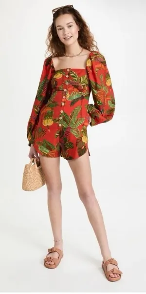 Farm Rio Forest Birds linen blend romper XS thumbnail 1