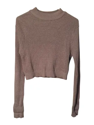 Garage Women’s Sz Large Mock Neck Sweater Cropped Light Brown Waffle Knit Cotton thumbnail 1