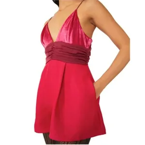 Free People Skylie Saylor Hot Pink Velvet Satin Ruched Romper Spaghetti Strap 4 thumbnail 3
