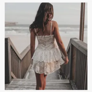 NWT! Angel Biba Chic White Floral Lace Mini Dress Women’s V-Neck Ruffle Size Large thumbnail 2
