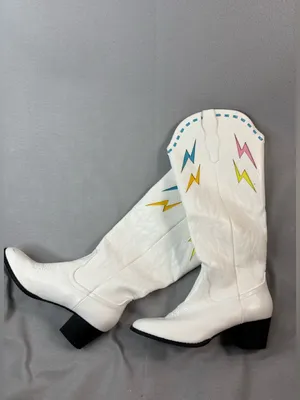 Beautiful 9.5 Western Fancy White Cowgirl Boots w Colored Lightening Bolts thumbnail 7