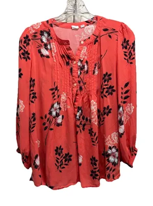 Gap Orange/Black/White Floral Blouse 3/4 Sleeve Size S Pleated‎ Button Up thumbnail 1