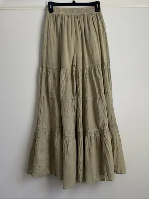 Young Threads Tiered Wide Leg Palazzo Pants S Moss Sage Linen Look Boho NWT thumbnail 7