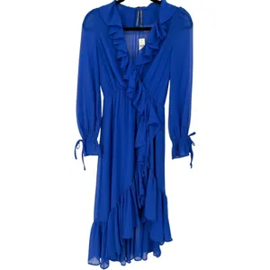 NWT Anthropologie Long Sleeve Ruffled Asymmetric Midi Dress Blue‎ Sz XS Feminine thumbnail 5