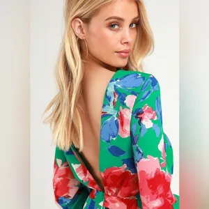 Lulus Sweetest Song‎ Floral Print Backless Long Sleeve Romper in Green Size Med thumbnail 9