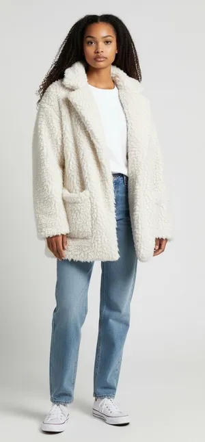 Aerie Cream Shaggy Faux Fur Teddy Coat Oversized Collar Pockets‎ L thumbnail 1