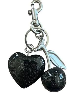 Black Sparkle Heart & Cherry Keychain Charm – Elegant Bling Accent thumbnail 1
