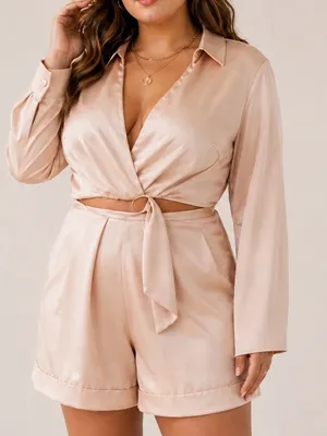 Hello Molly Girls On Top Satin Playsuit Tan Romper Glam Tie Waist thumbnail 1