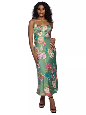 B Darlin Green Floral Satin Slip Midi Dress with Spaghetti Straps thumbnail 2