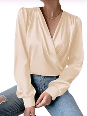 LM Style Bar Women’s Elegant Satin Silk Blend Wrap Top Evening Blouse Large thumbnail 1