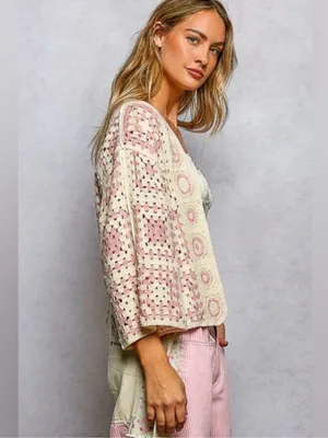 NEW POL Pink Open Front Boho Granny Square Cardigan One Size thumbnail 4