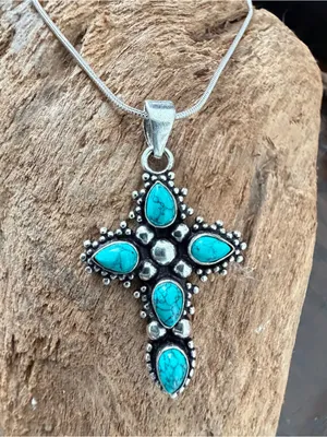 925 Sterling Silver Turquoise Cross Necklace Womens Jewelry Boho Western thumbnail 2