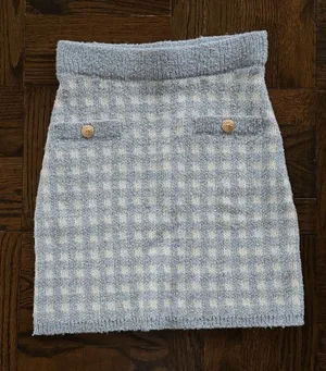 Aqua Light Blue & White Check Knit Mini Skirt thumbnail 1