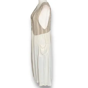 Vintage 90s Linen Rayon Colorblock Maxi Dress Boho Neutral Cottage Patch Pockets thumbnail 4