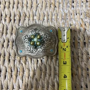 silver belt buckle western Wavy Rectangular Blue Gold Beaded Jeweled Cowboy‎ thumbnail 5