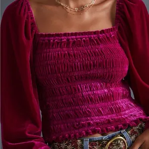 Anthropologie Jewel-Tone Pink Puff-Sleeve Velvet Blouse Peasant Smocked - Size S thumbnail 5