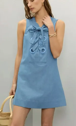 English Factory Denim Lace Up Mini Dress SMALL Shift Light Wash Western $110 thumbnail 1